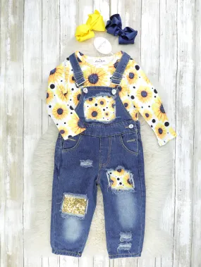 Sunflower Top & Distressed Denim Overall Set