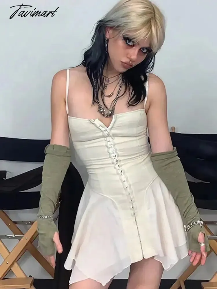 Tavimart E-girl Aesthetics Cute Irregular Hem Backless Mini Dress Grunge  Y2K Fairy Grunge Front Hook Closures White Cami Dress