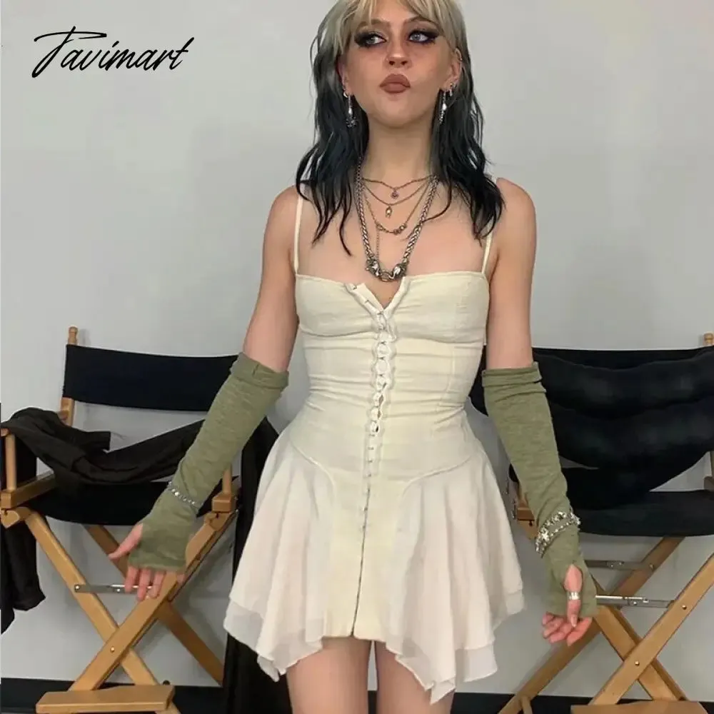 Tavimart E-girl Aesthetics Cute Irregular Hem Backless Mini Dress Grunge  Y2K Fairy Grunge Front Hook Closures White Cami Dress
