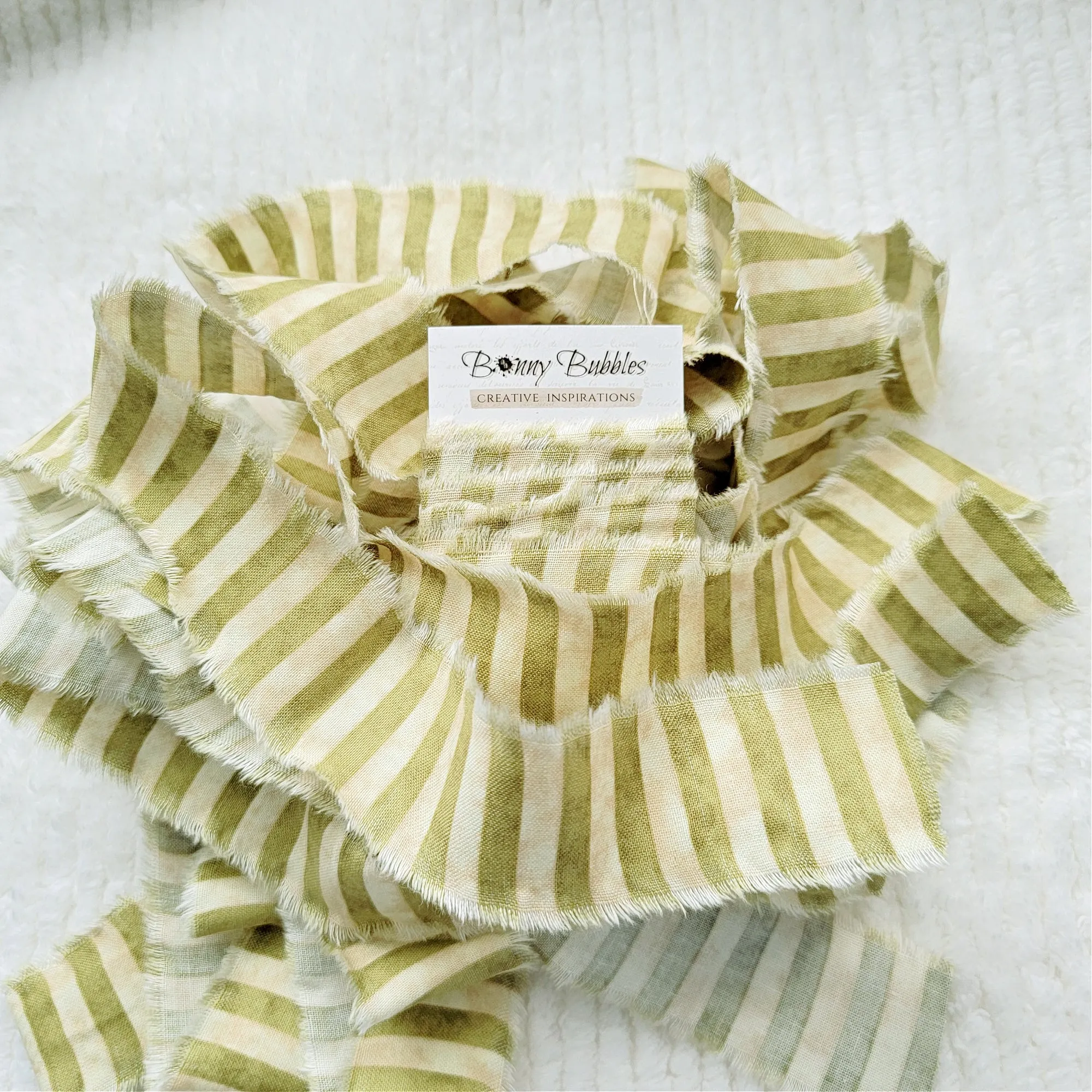 Torn Fabric Ribbon, Green and Cream