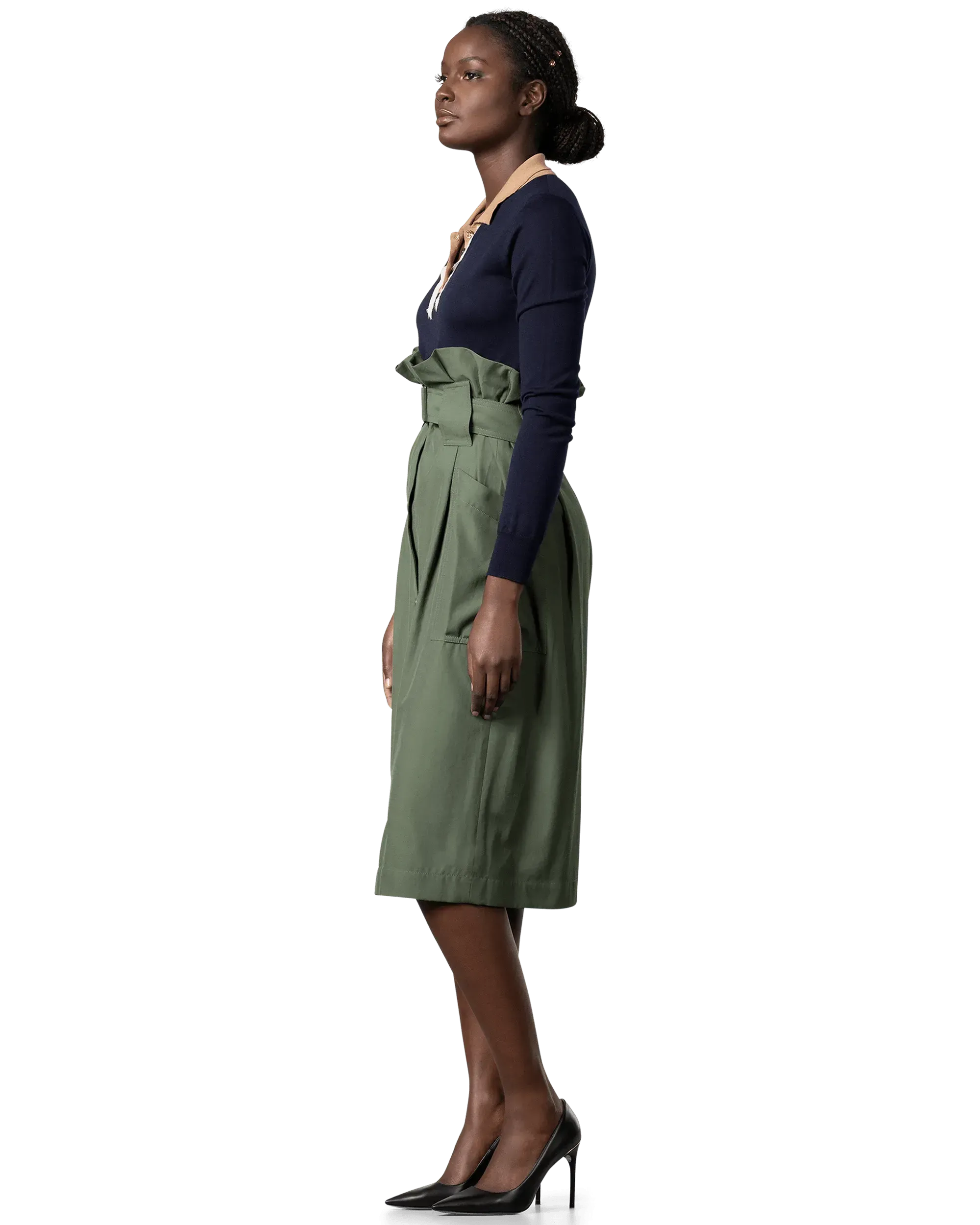 Twill Belted Midi Skirt
