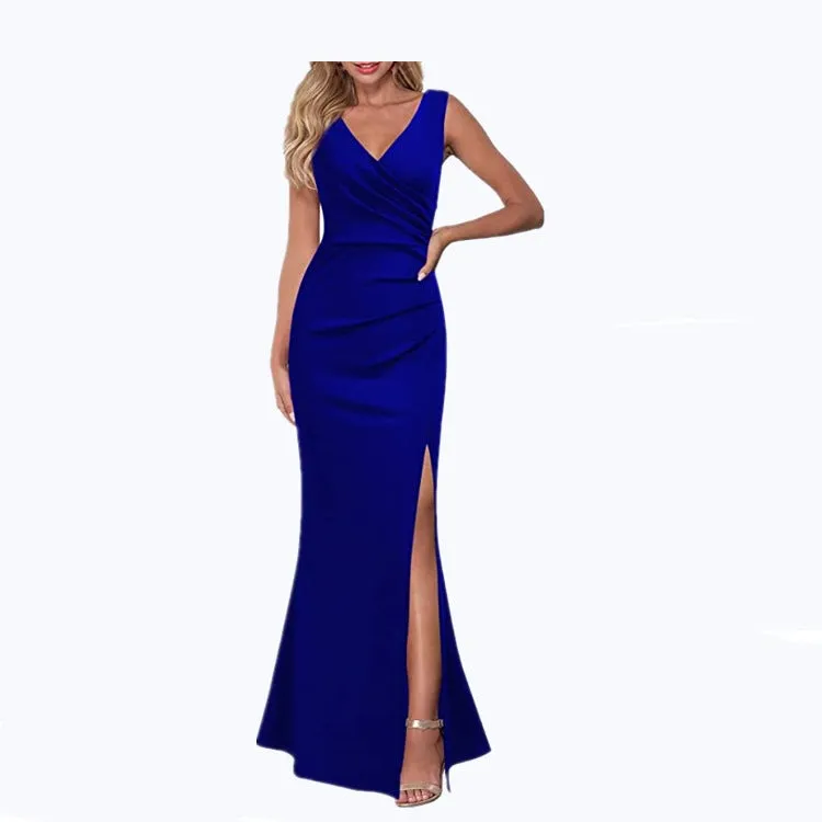 V neck sleeves high split maxi dress | Lady's elegant summer party banquet gown dress