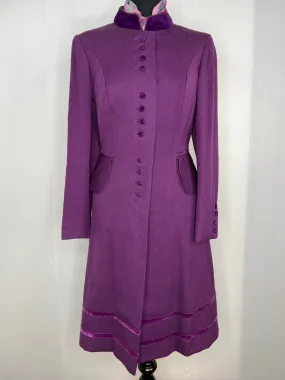 Vintage 1960s Victorian High Neck Velvet Trim Coat in Purple - Size UK 12