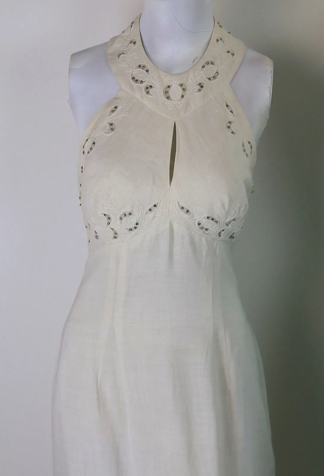 Vintage 60s 70s white halter dress rhinestone trim open back M