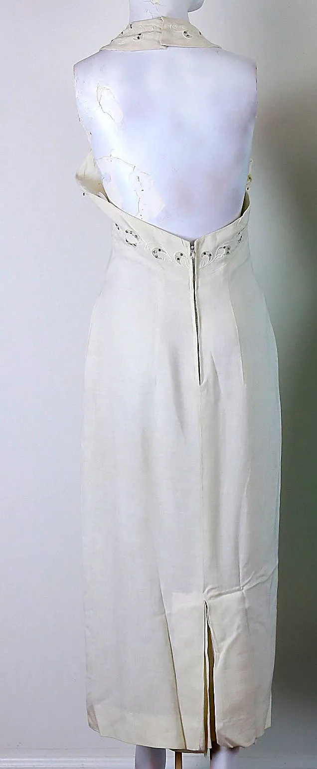 Vintage 60s 70s white halter dress rhinestone trim open back M