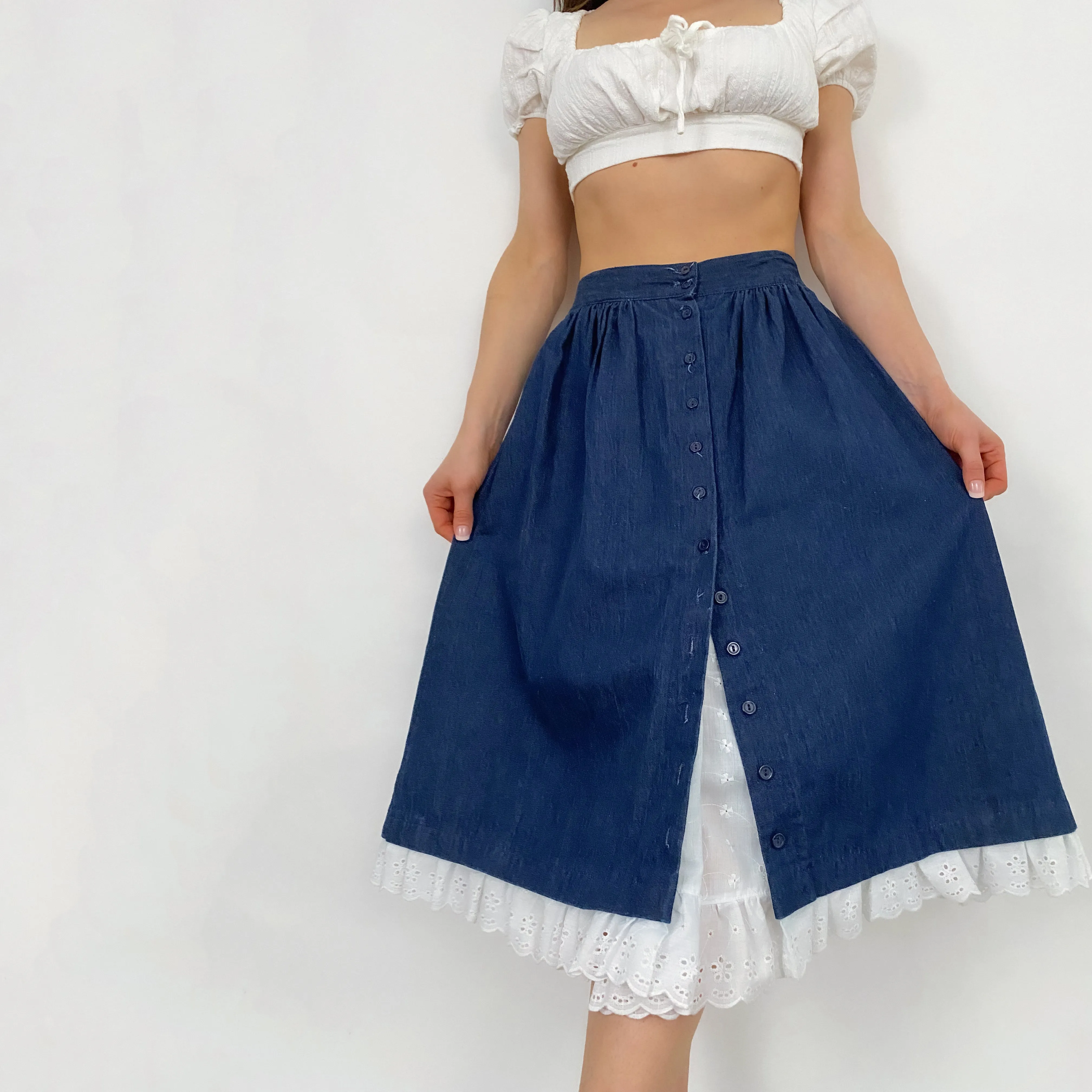 Vintage Eyelet and Denim Prairie Skirt - XS/S