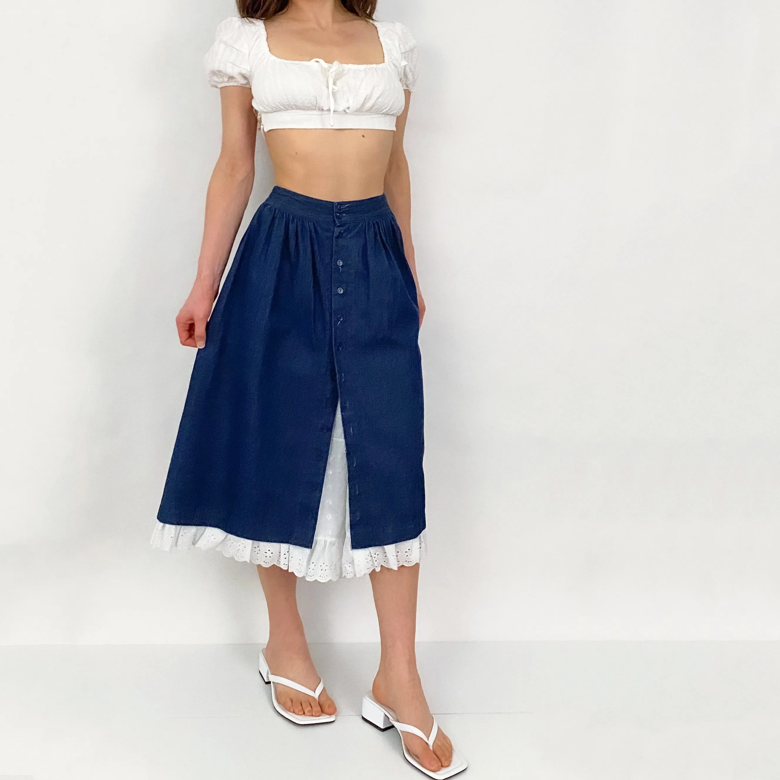 Vintage Eyelet and Denim Prairie Skirt - XS/S