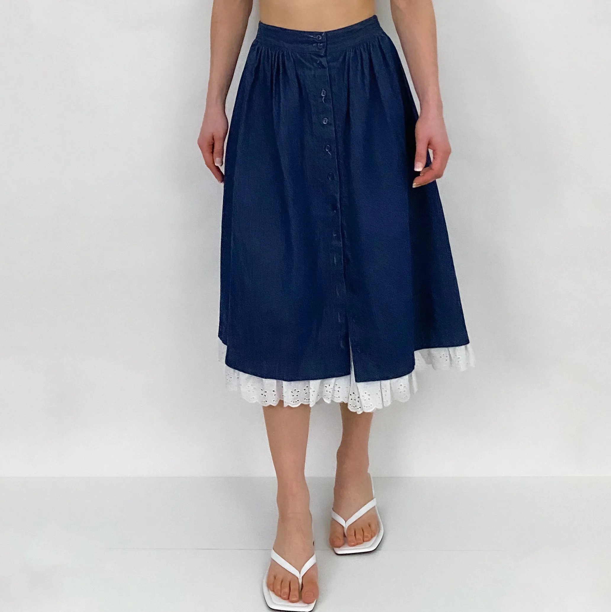 Vintage Eyelet and Denim Prairie Skirt - XS/S