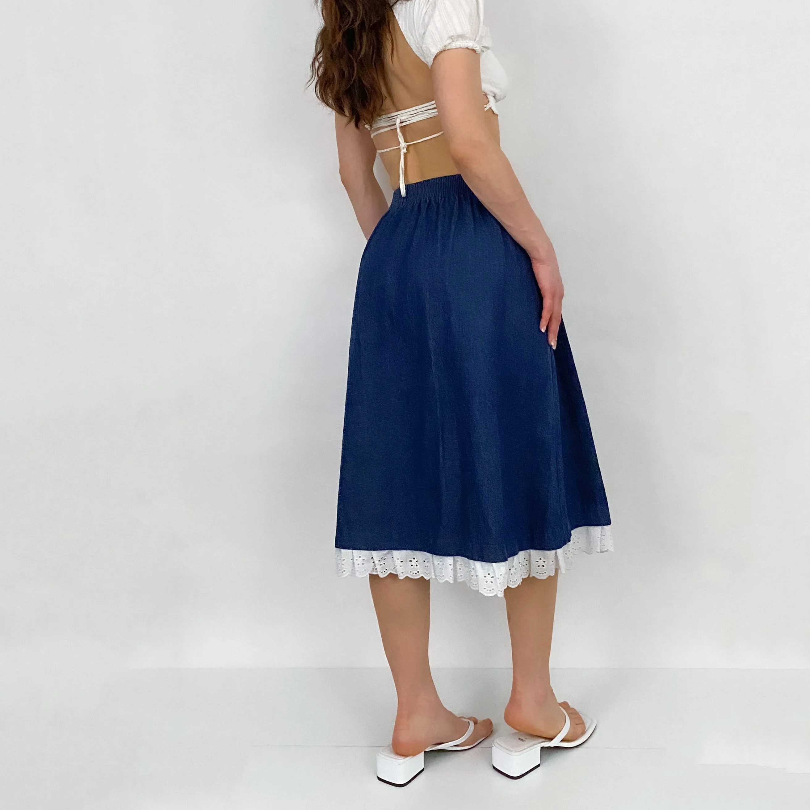 Vintage Eyelet and Denim Prairie Skirt - XS/S