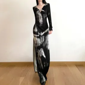 Vintage Tie Dye Autumn Dress Long Sleeve V Neck Y2K Tie Dye Sexy Party Dress Maxi Side Slit Grunge Fairycore Outfits