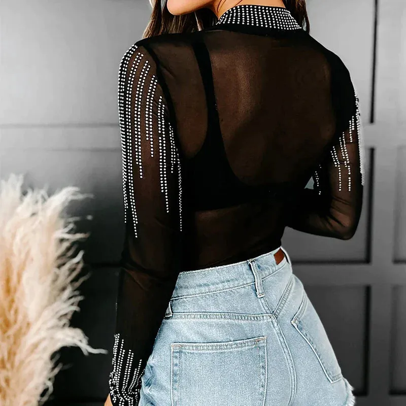 Women Rhinestone Long Sleeve  Sheer Mesh Black Bodysuit