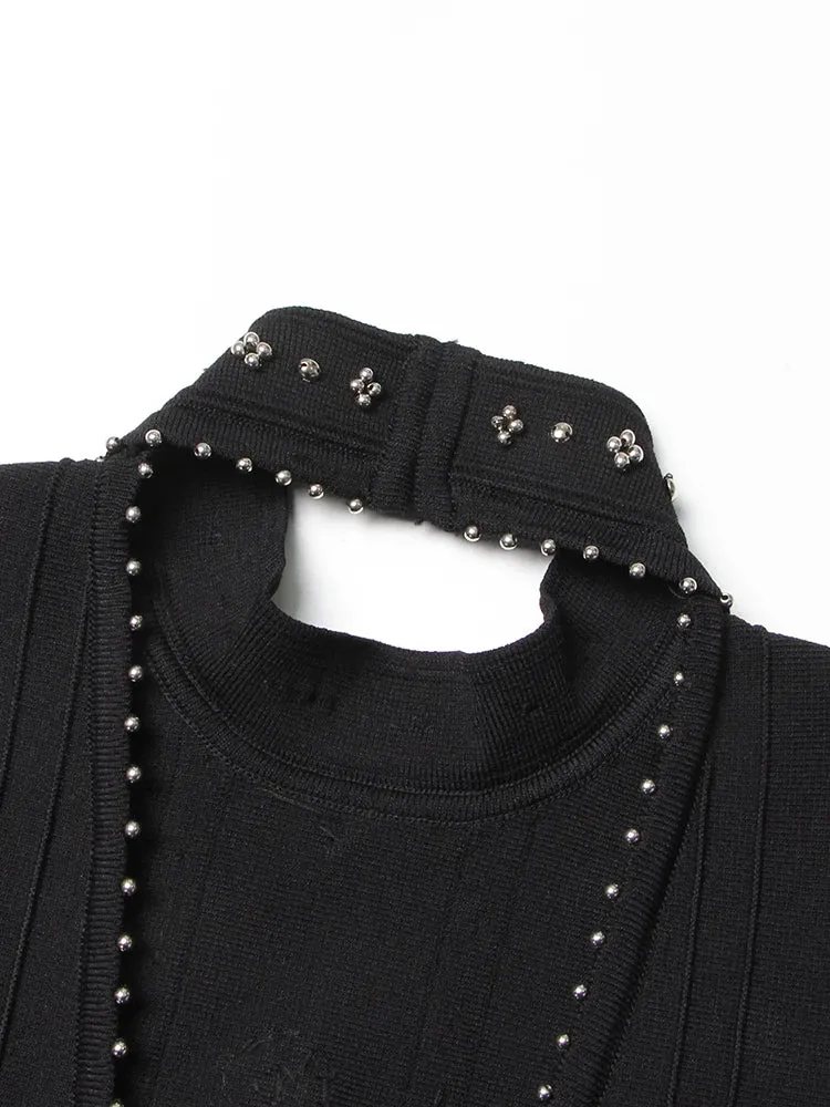 Women Round Neck Beaded Diamond Sleeveless Dress