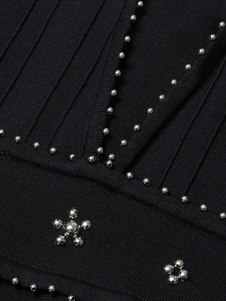 Women Round Neck Beaded Diamond Sleeveless Dress