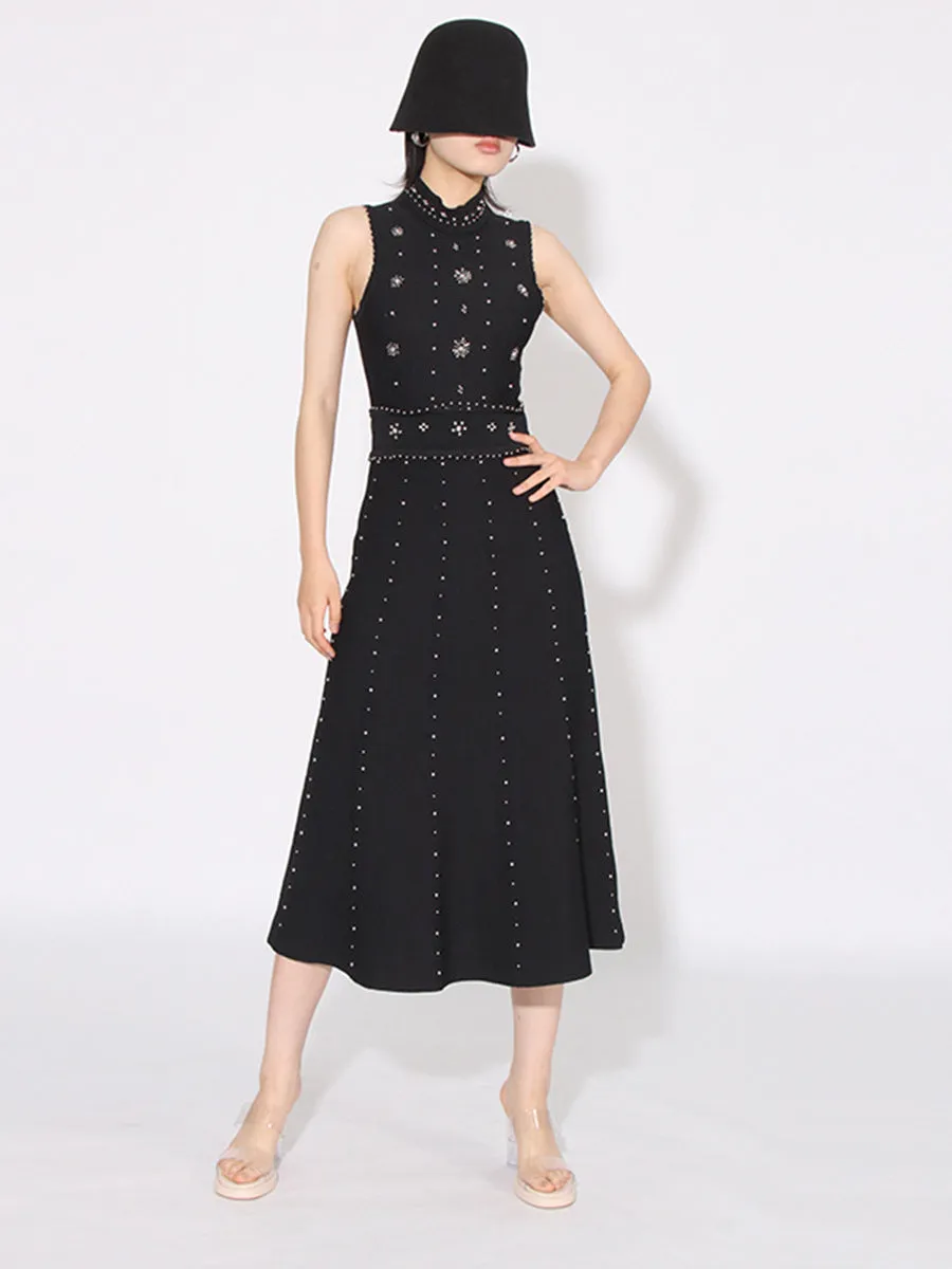 Women Round Neck Beaded Diamond Sleeveless Dress