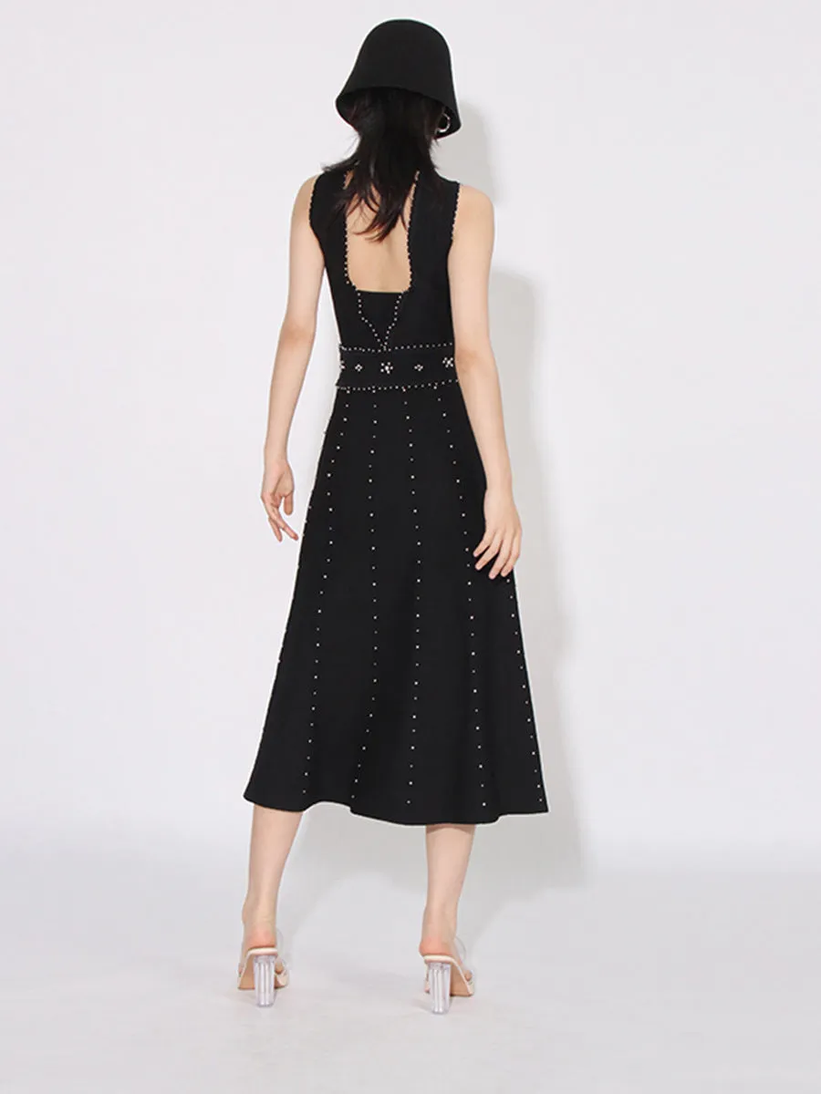 Women Round Neck Beaded Diamond Sleeveless Dress
