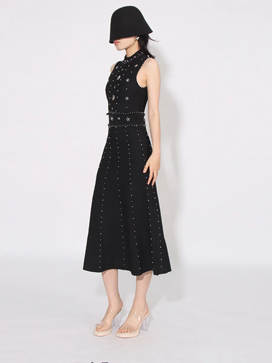 Women Round Neck Beaded Diamond Sleeveless Dress