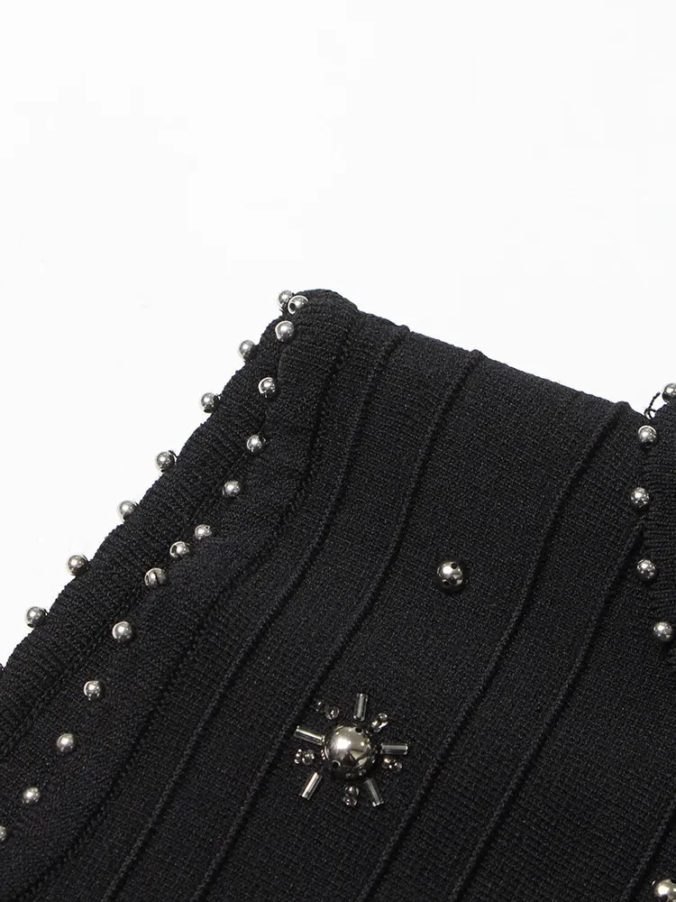 Women Round Neck Beaded Diamond Sleeveless Dress