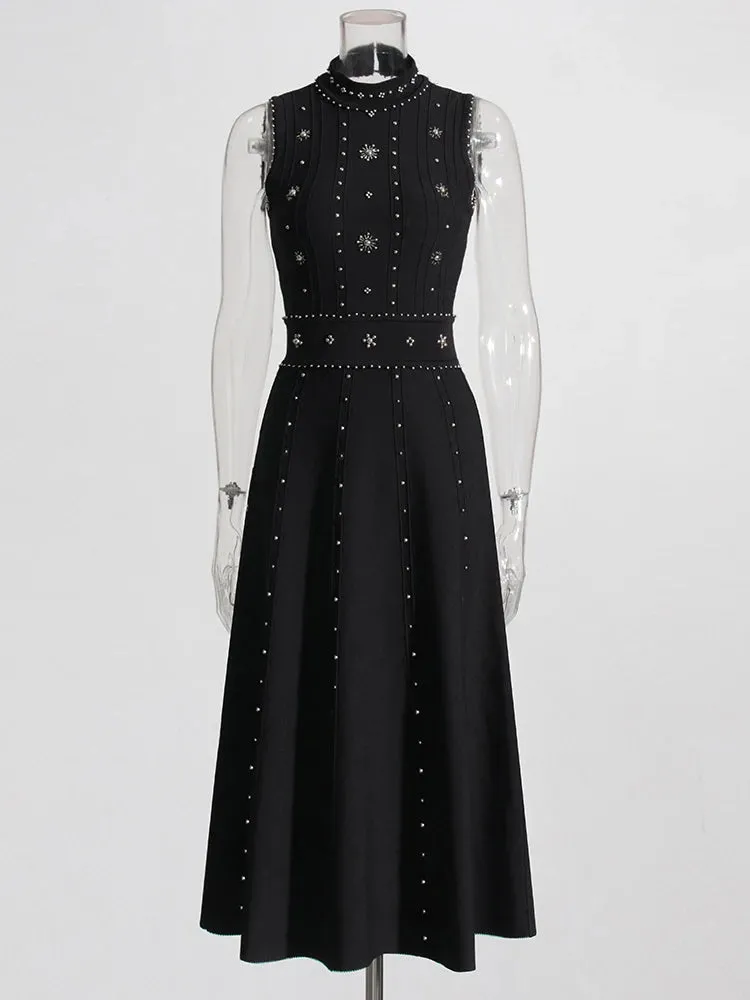 Women Round Neck Beaded Diamond Sleeveless Dress