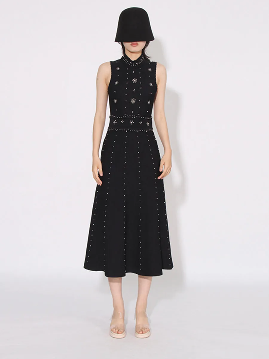 Women Round Neck Beaded Diamond Sleeveless Dress