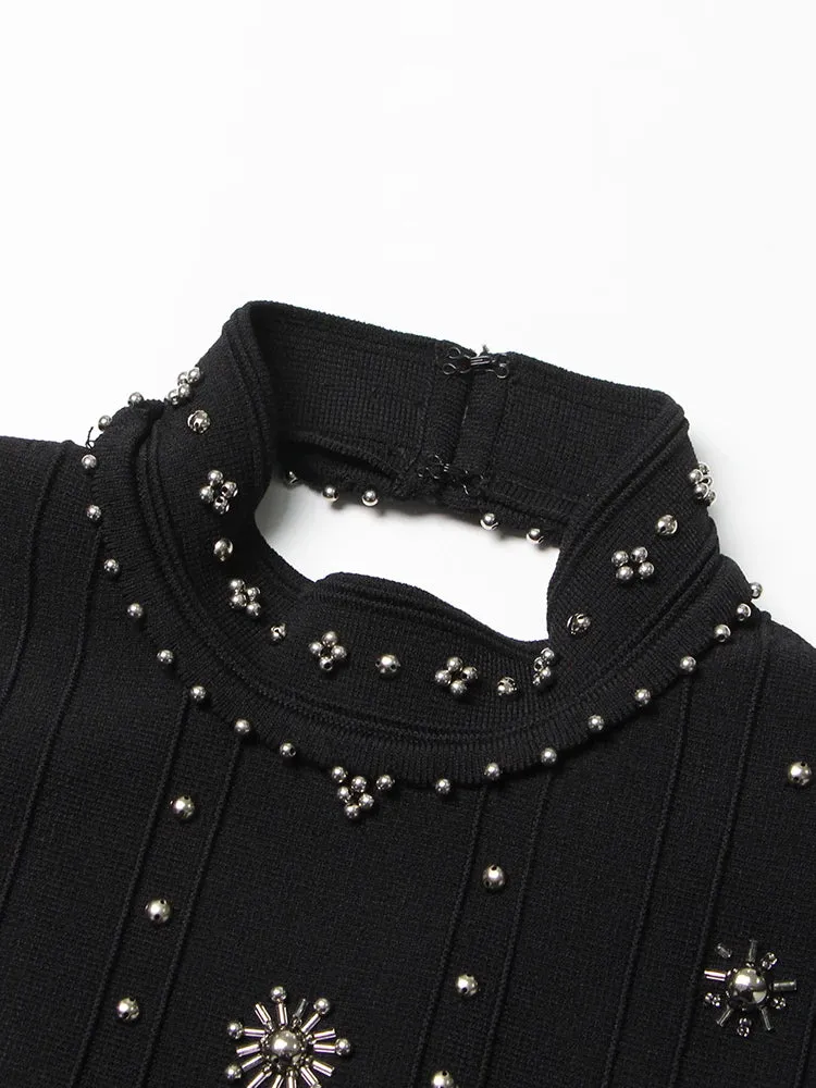Women Round Neck Beaded Diamond Sleeveless Dress