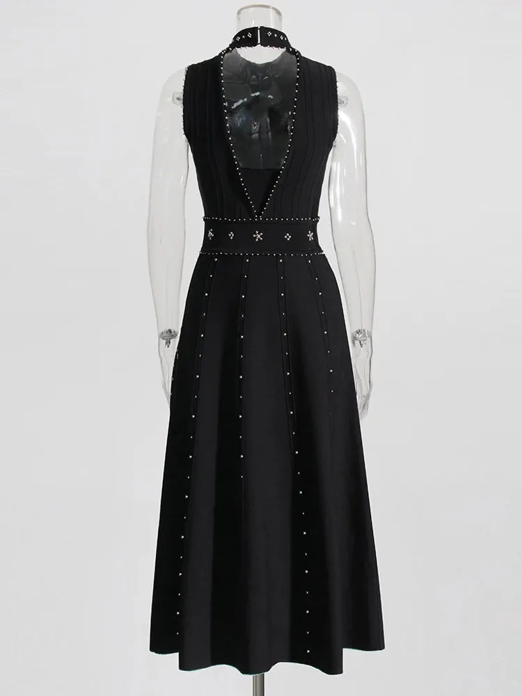 Women Round Neck Beaded Diamond Sleeveless Dress