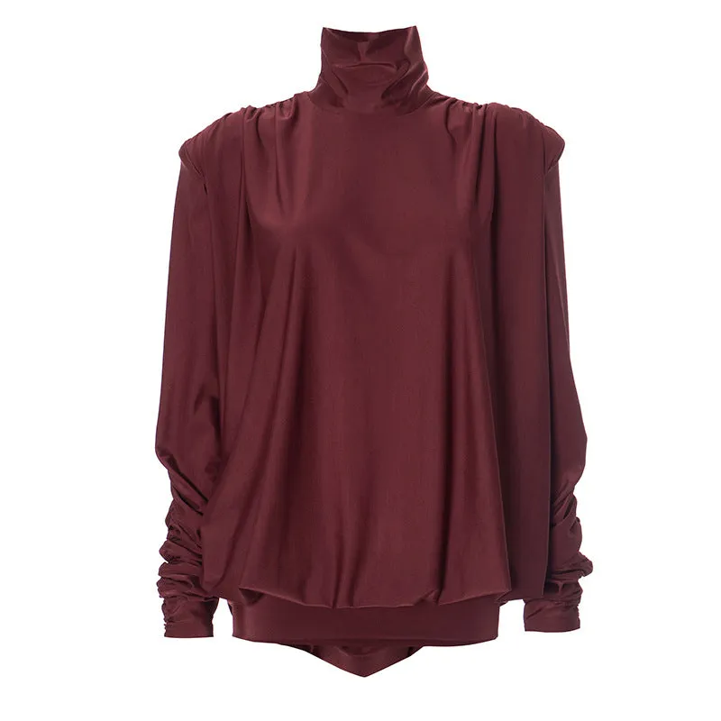 Women Turtleneck Padded Shoulder Loose Backless Party Dress