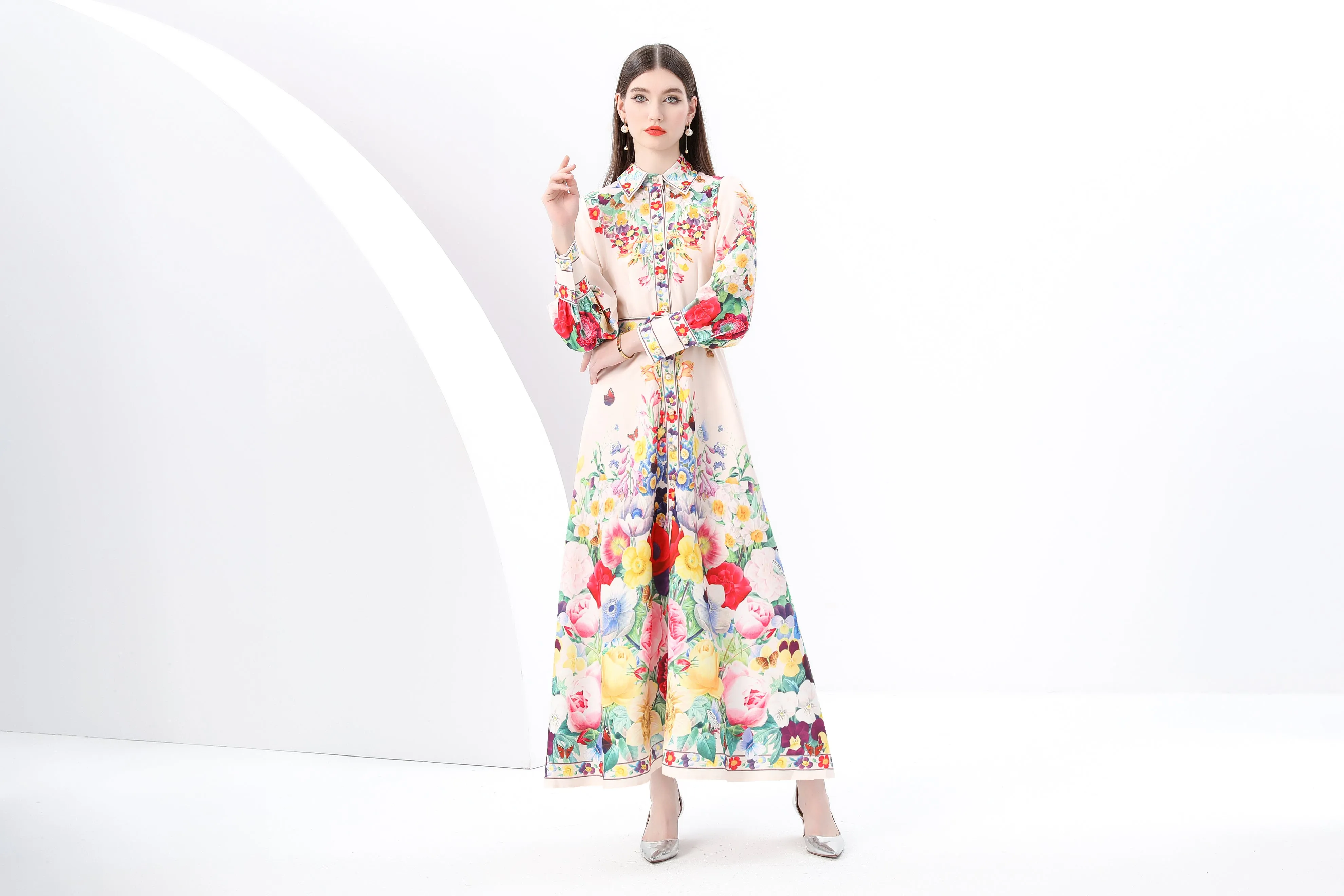 Women's Floral Print  Flowy Button Up Split Maxi Dress