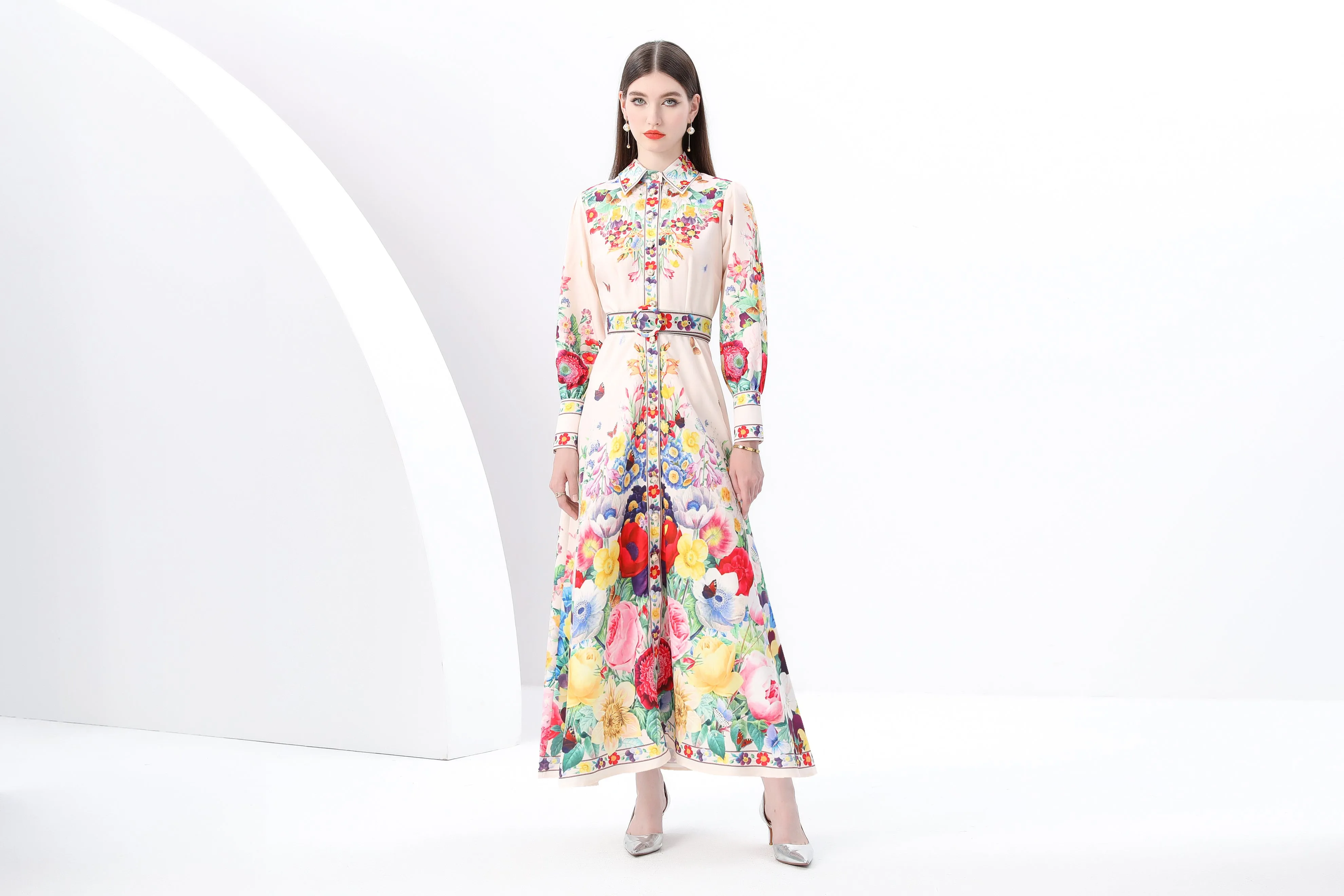 Women's Floral Print  Flowy Button Up Split Maxi Dress