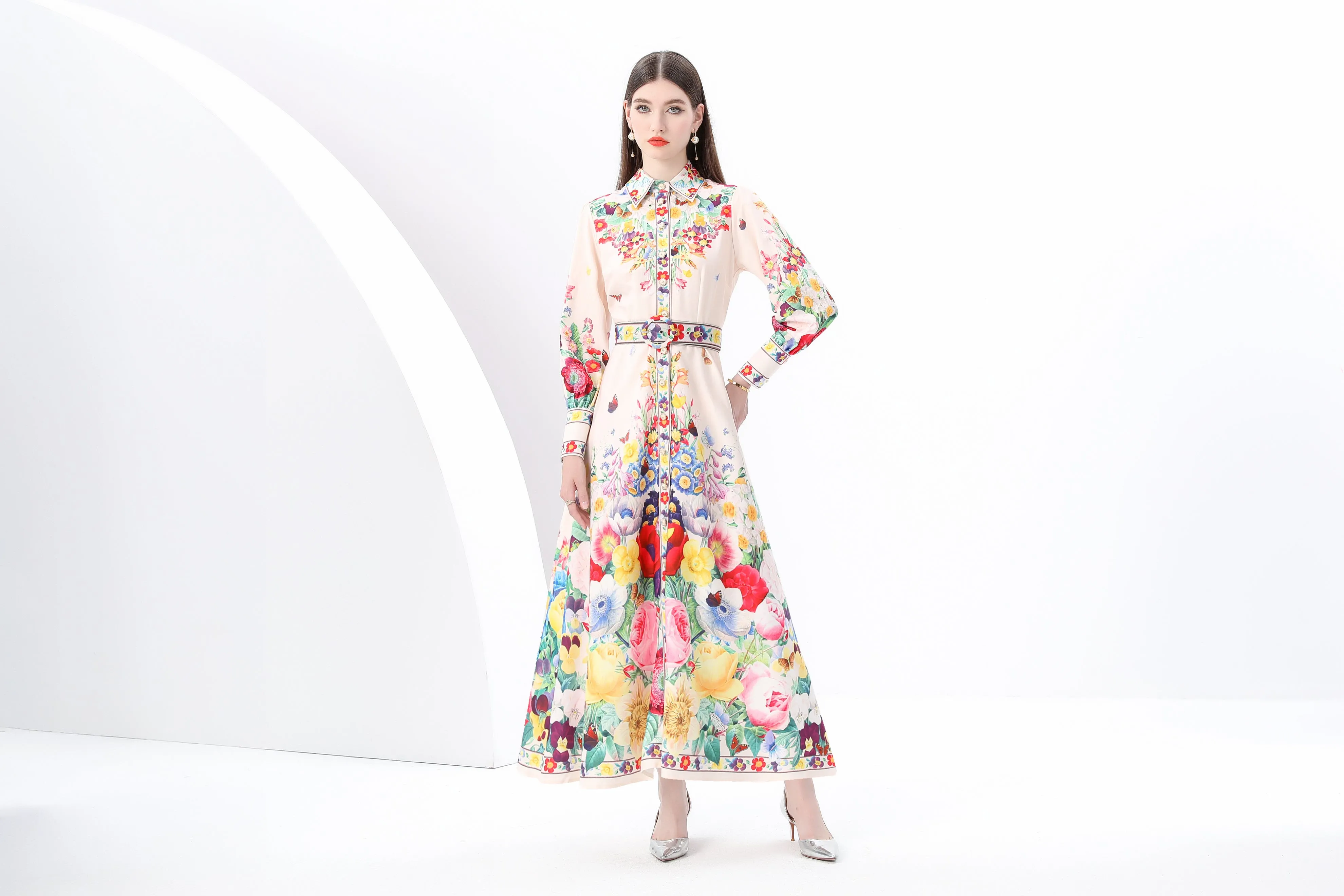 Women's Floral Print  Flowy Button Up Split Maxi Dress