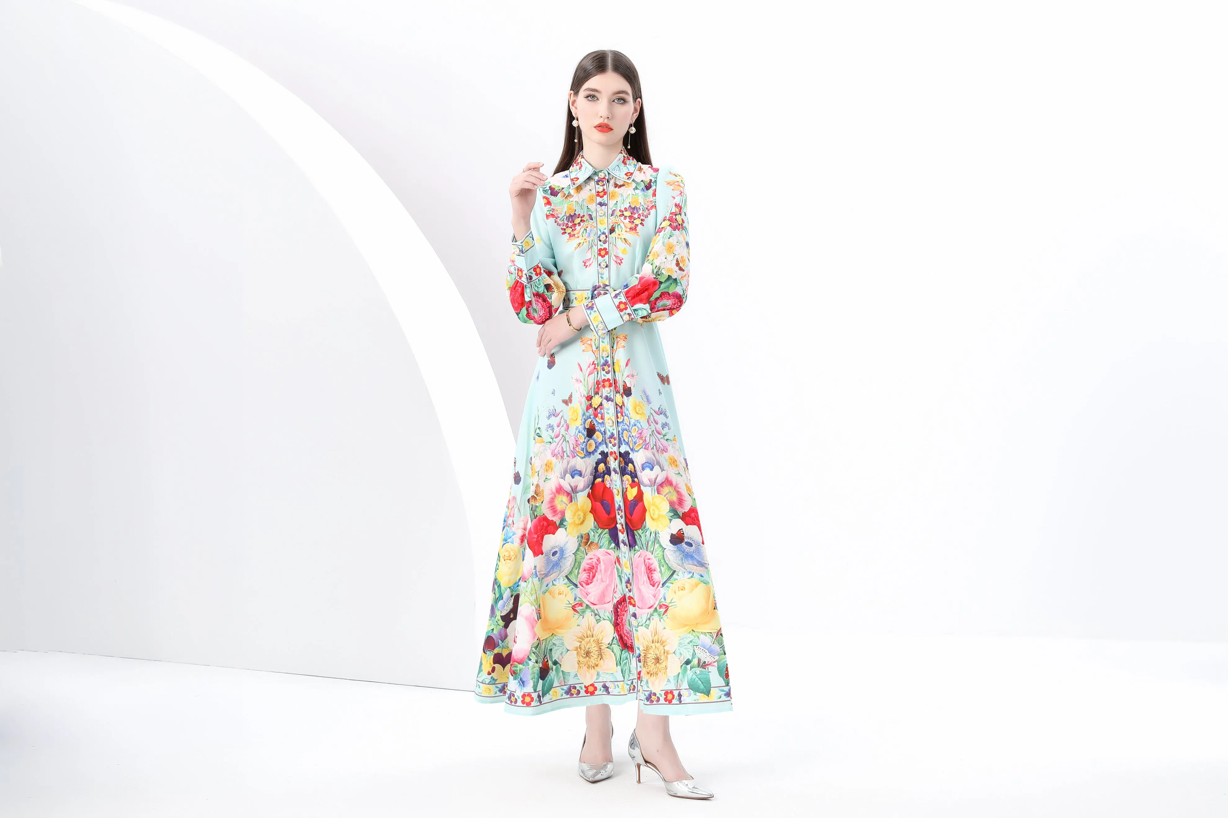 Women's Floral Print  Flowy Button Up Split Maxi Dress