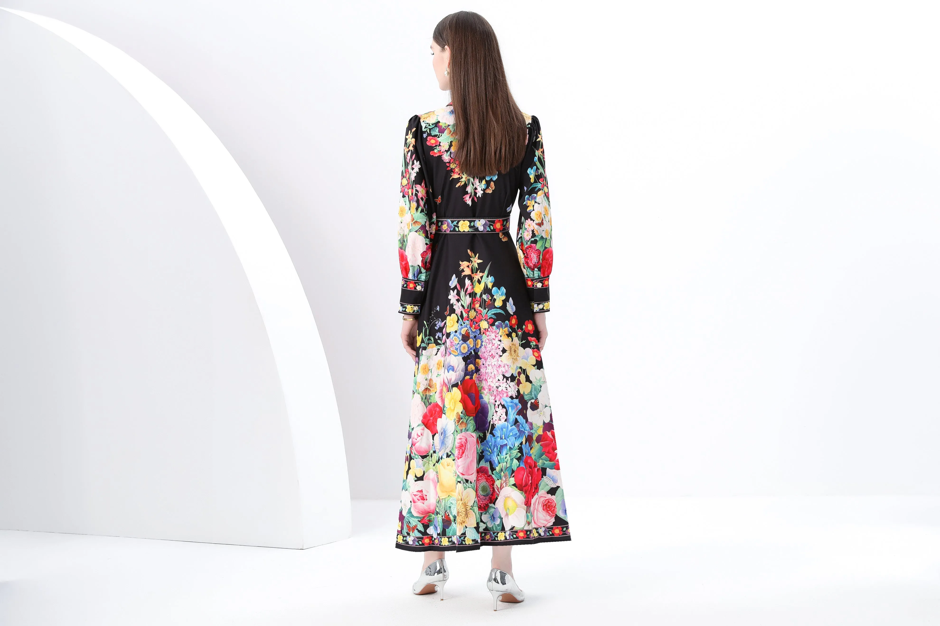 Women's Floral Print  Flowy Button Up Split Maxi Dress