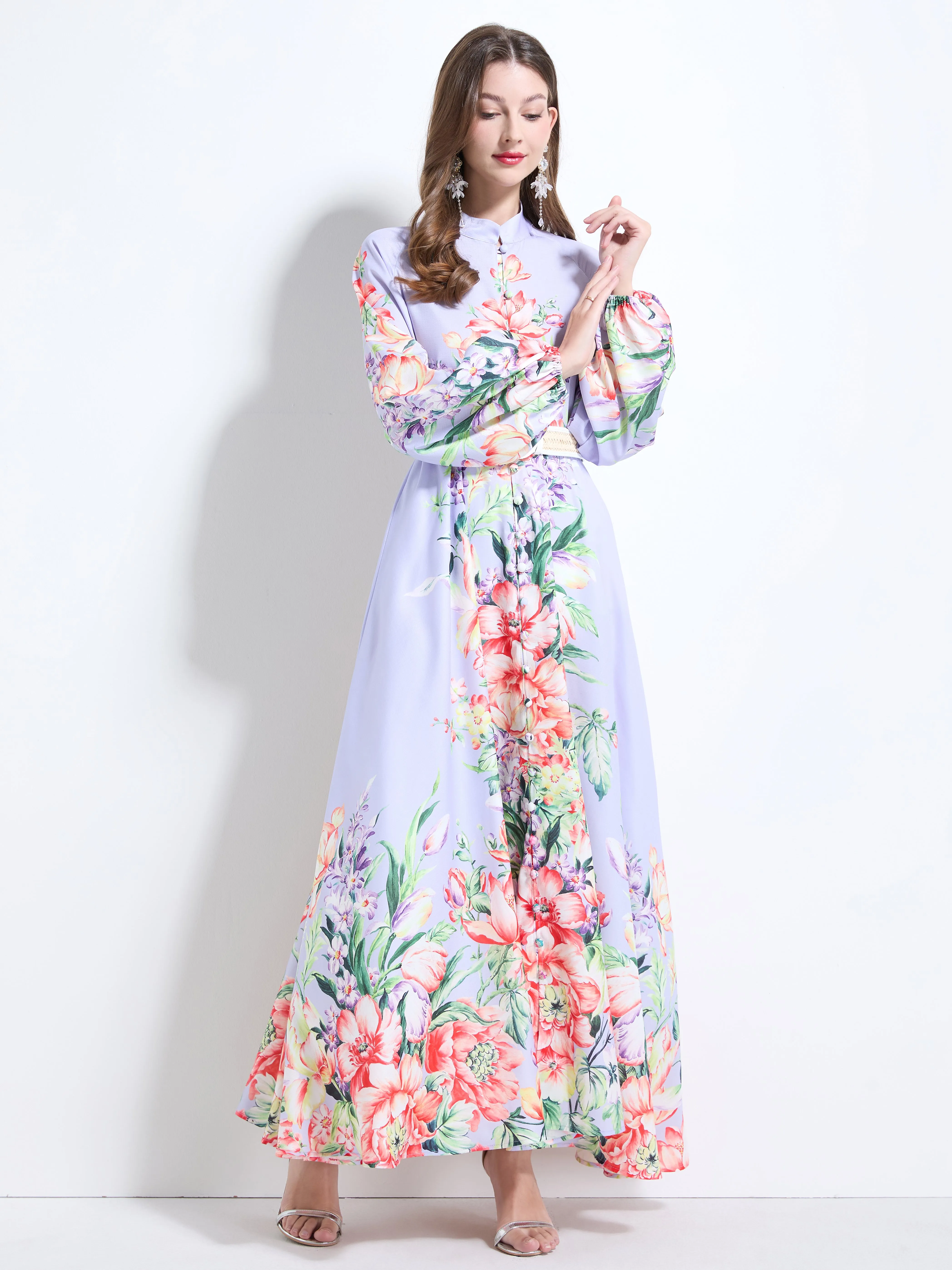 Women's Floral Print Puff Sleeve Button Up Split Maxi Dress