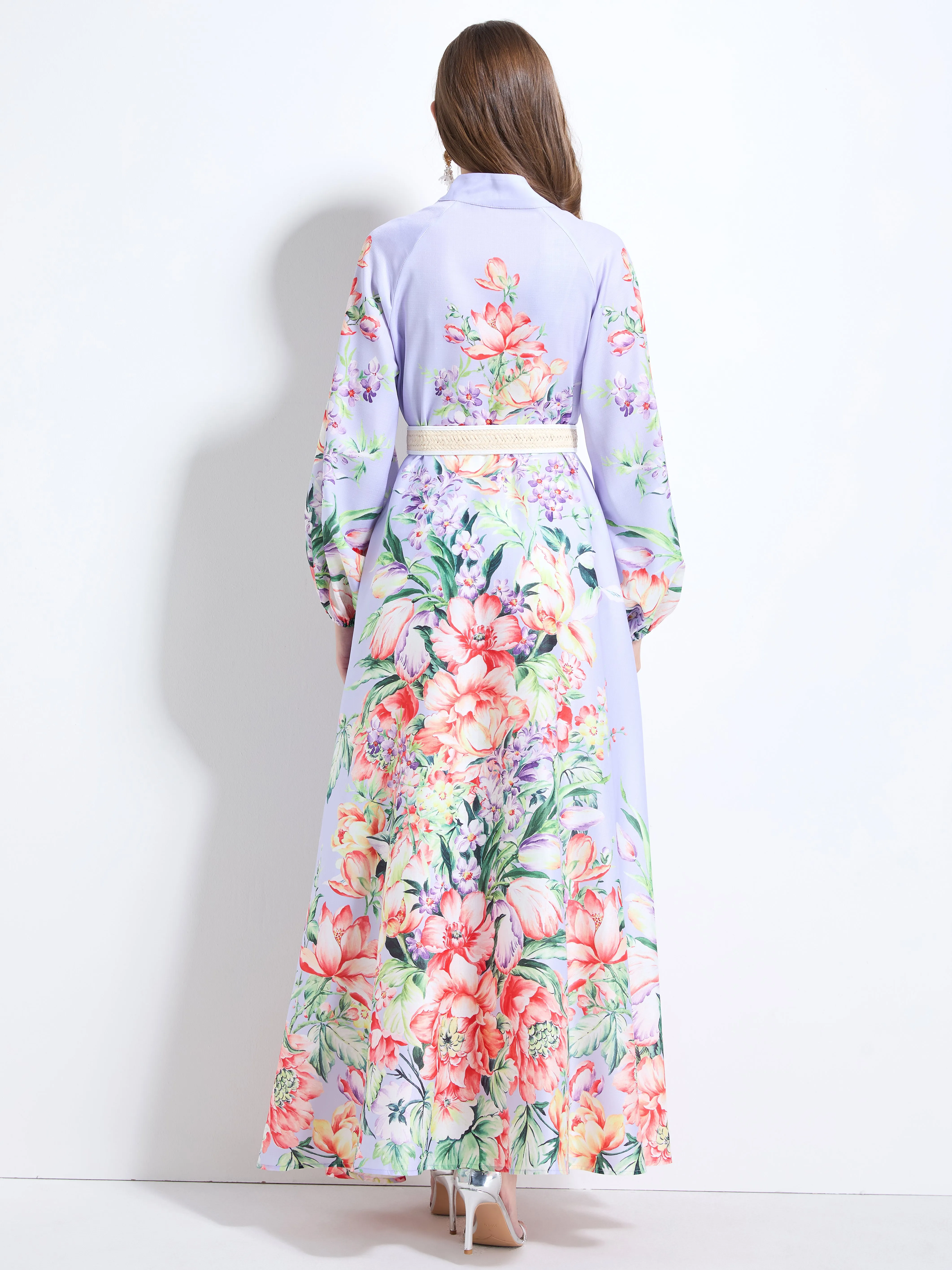 Women's Floral Print Puff Sleeve Button Up Split Maxi Dress