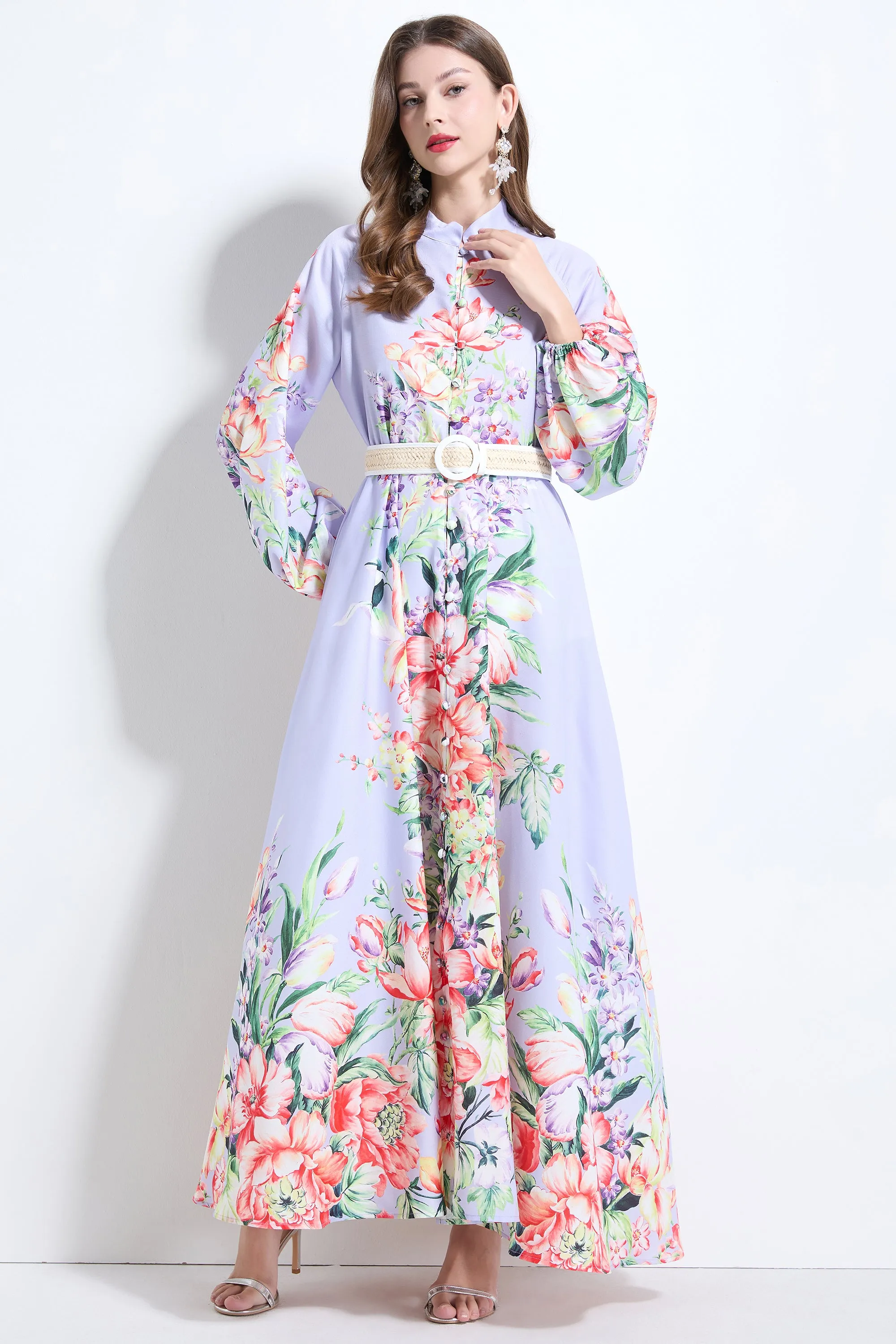 Women's Floral Print Puff Sleeve Button Up Split Maxi Dress