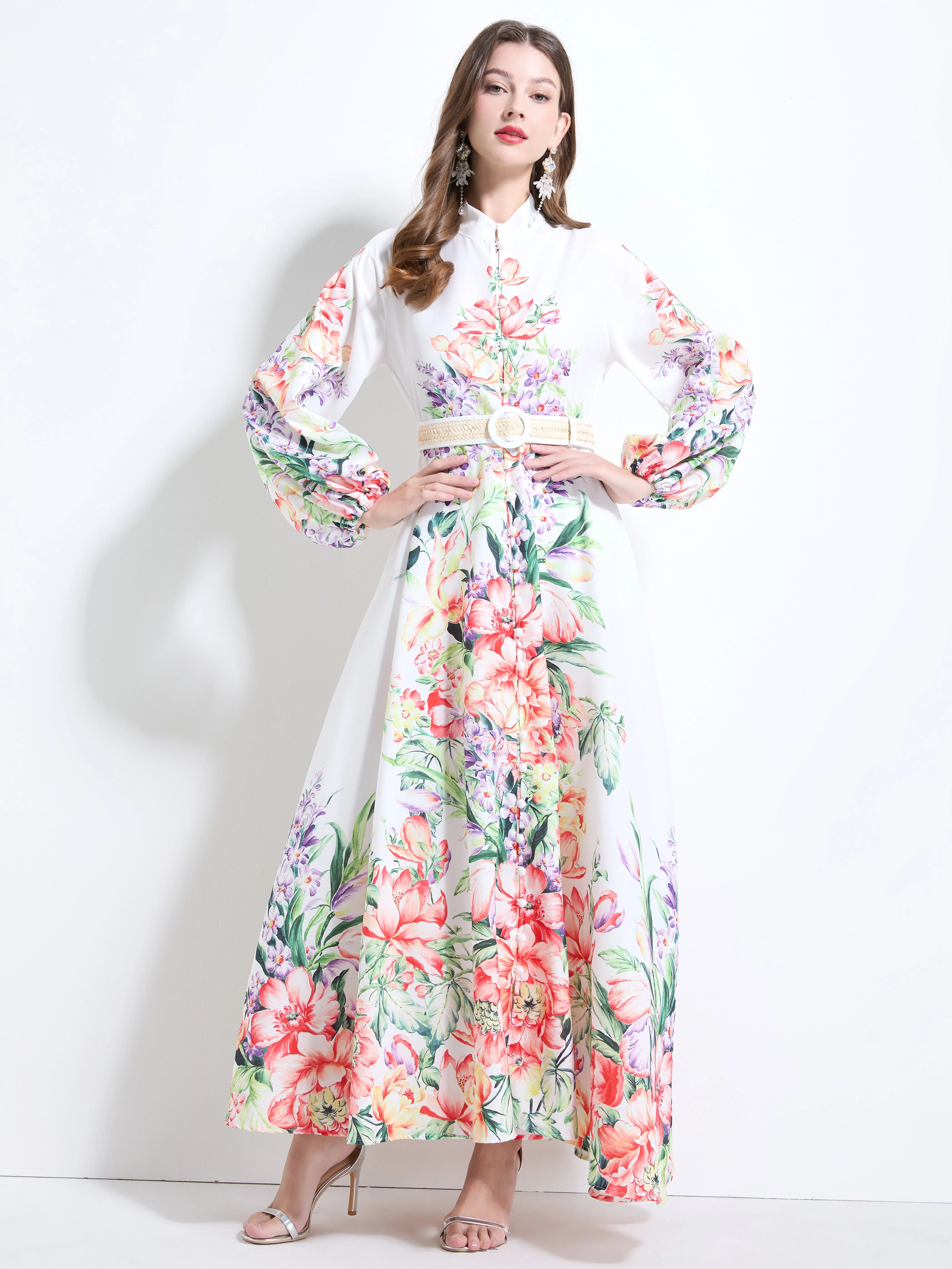 Women's Floral Print Puff Sleeve Button Up Split Maxi Dress