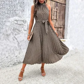 Women's Patterned Sleeveless Halterneck Midi Dress with Waist Tie S-XL