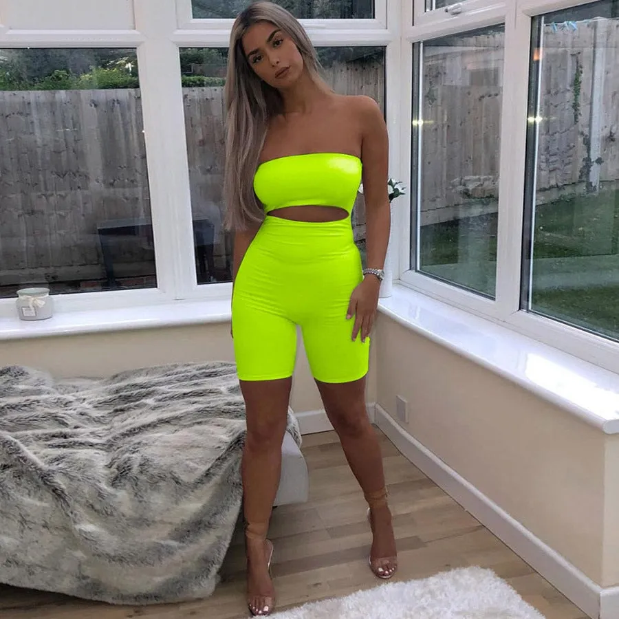 Women's Summer Strapless Hollow Out Fluorescence Skinny Fitness Bodysuit