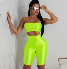Women's Summer Strapless Hollow Out Fluorescence Skinny Fitness Bodysuit
