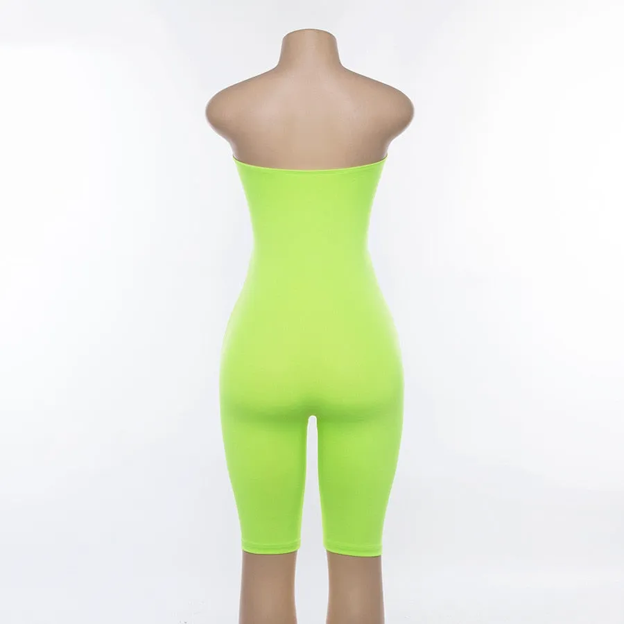 Women's Summer Strapless Hollow Out Fluorescence Skinny Fitness Bodysuit