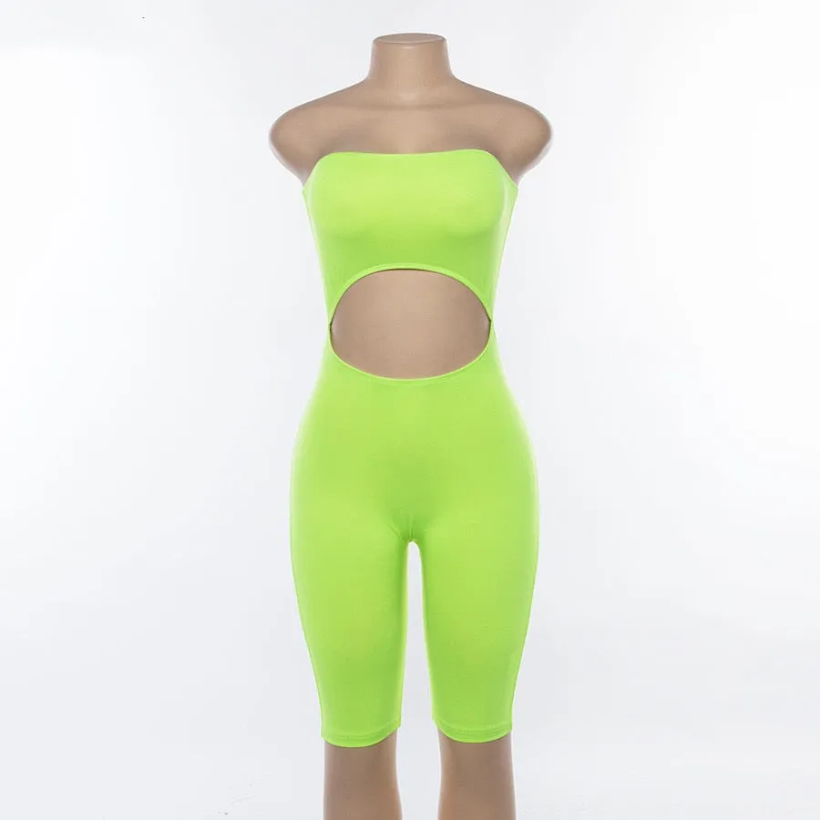 Women's Summer Strapless Hollow Out Fluorescence Skinny Fitness Bodysuit