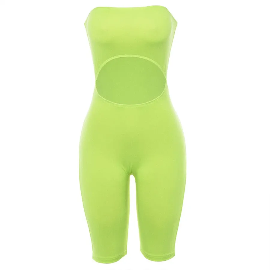 Women's Summer Strapless Hollow Out Fluorescence Skinny Fitness Bodysuit