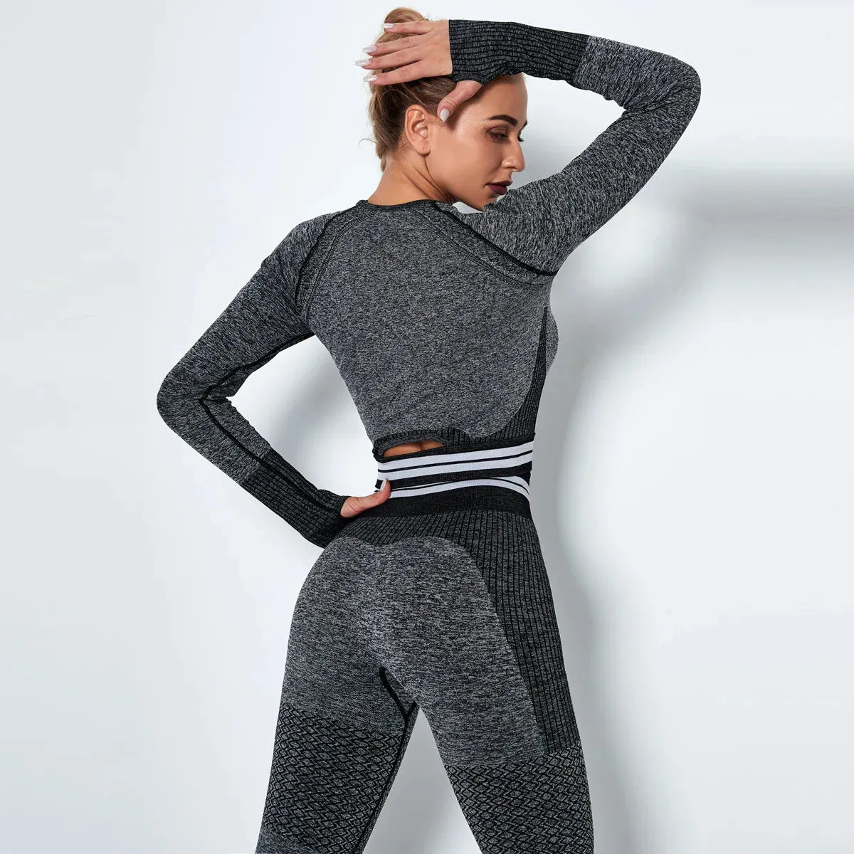 Women's Waist Stripe Seamless Yoga Top for Gym - Long Sleeve Fitness Leggings Shirt