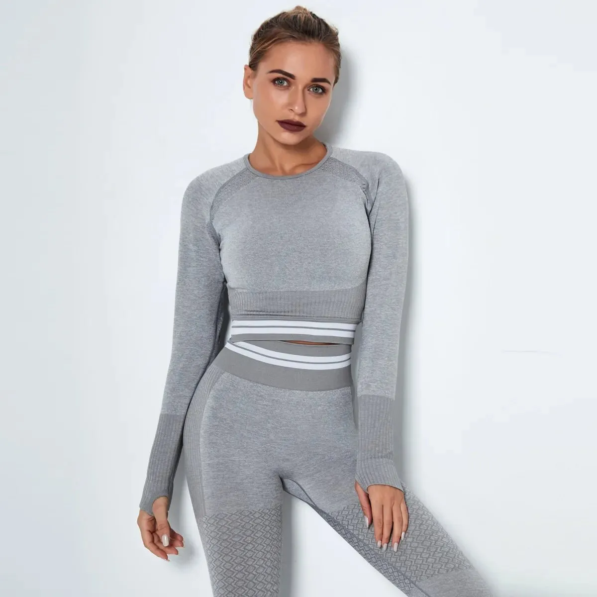 Women's Waist Stripe Seamless Yoga Top for Gym - Long Sleeve Fitness Leggings Shirt