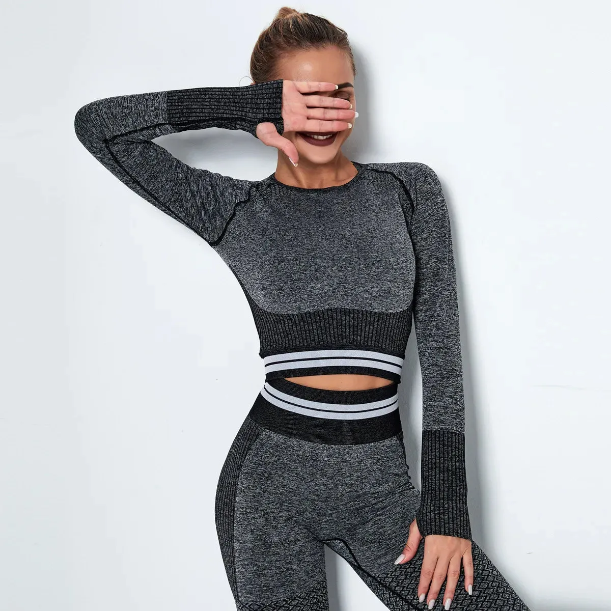 Women's Waist Stripe Seamless Yoga Top for Gym - Long Sleeve Fitness Leggings Shirt