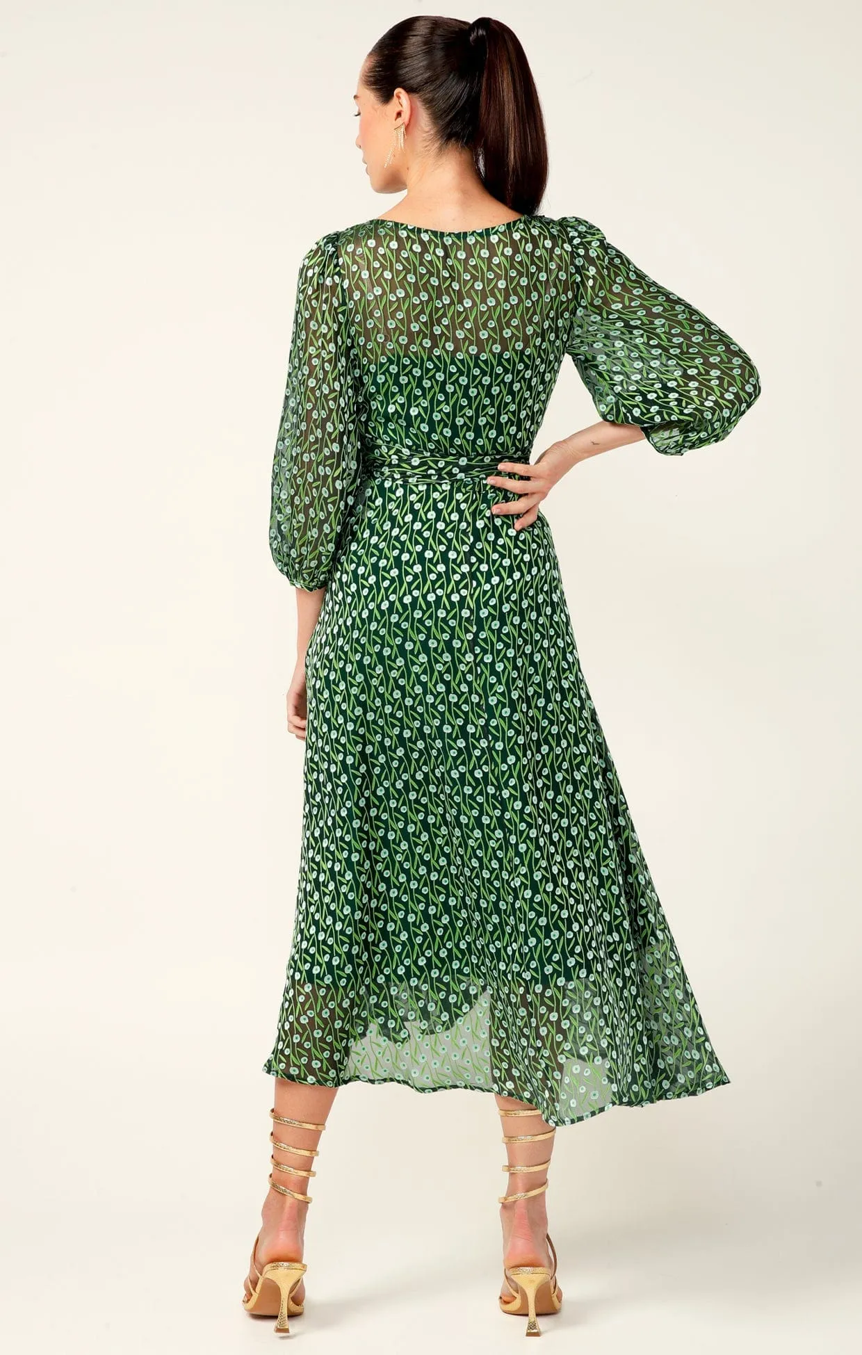 WONDERLAND MIDI WRAP DRESS IN EMERALD POPPY