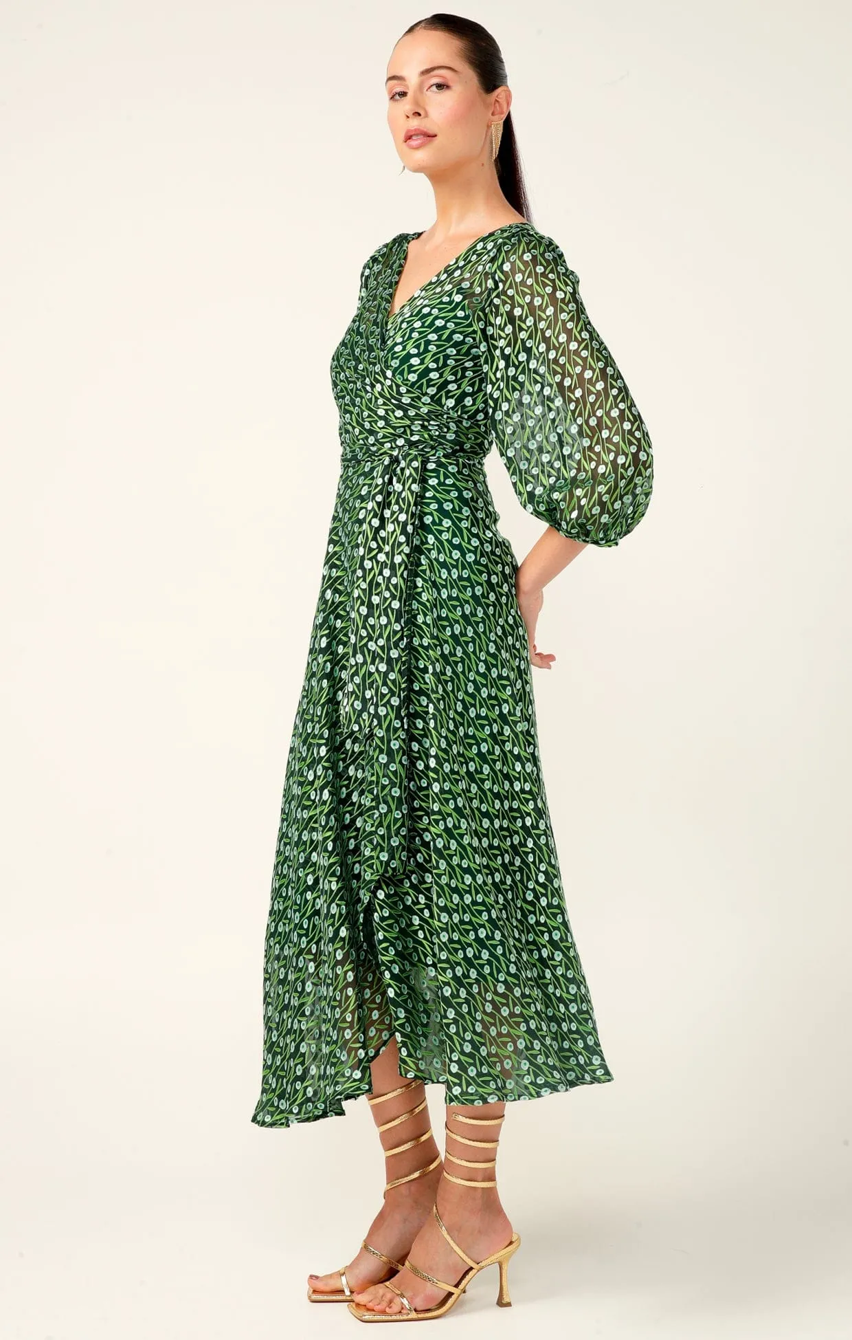 WONDERLAND MIDI WRAP DRESS IN EMERALD POPPY