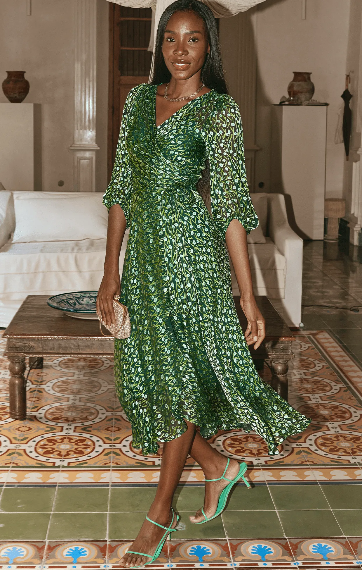 WONDERLAND MIDI WRAP DRESS IN EMERALD POPPY