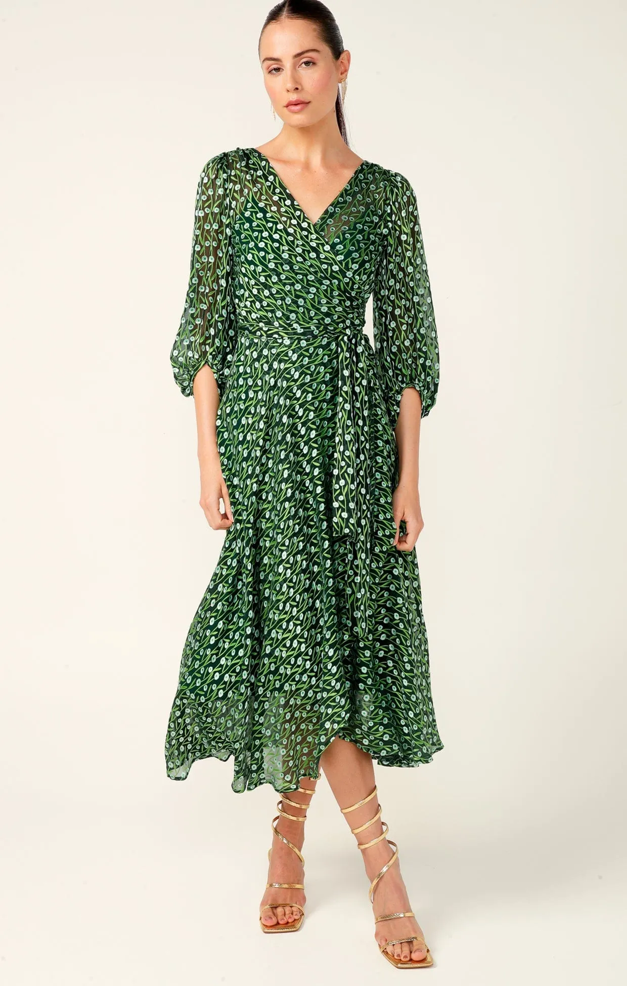 WONDERLAND MIDI WRAP DRESS IN EMERALD POPPY