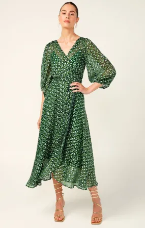WONDERLAND MIDI WRAP DRESS IN EMERALD POPPY