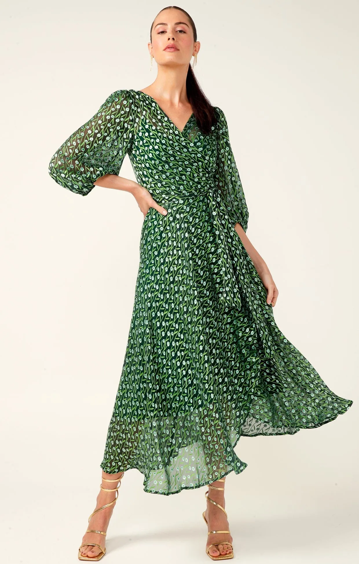WONDERLAND MIDI WRAP DRESS IN EMERALD POPPY
